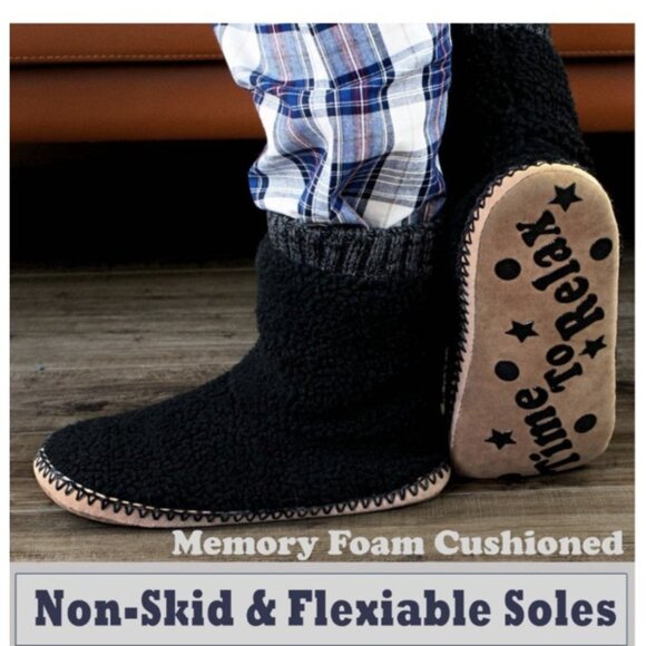 Men's Warm Up House Boots, Thick Fuzzy Sherpa Fleece Winter 10-11 Fleece Black - Picture 4 of 6